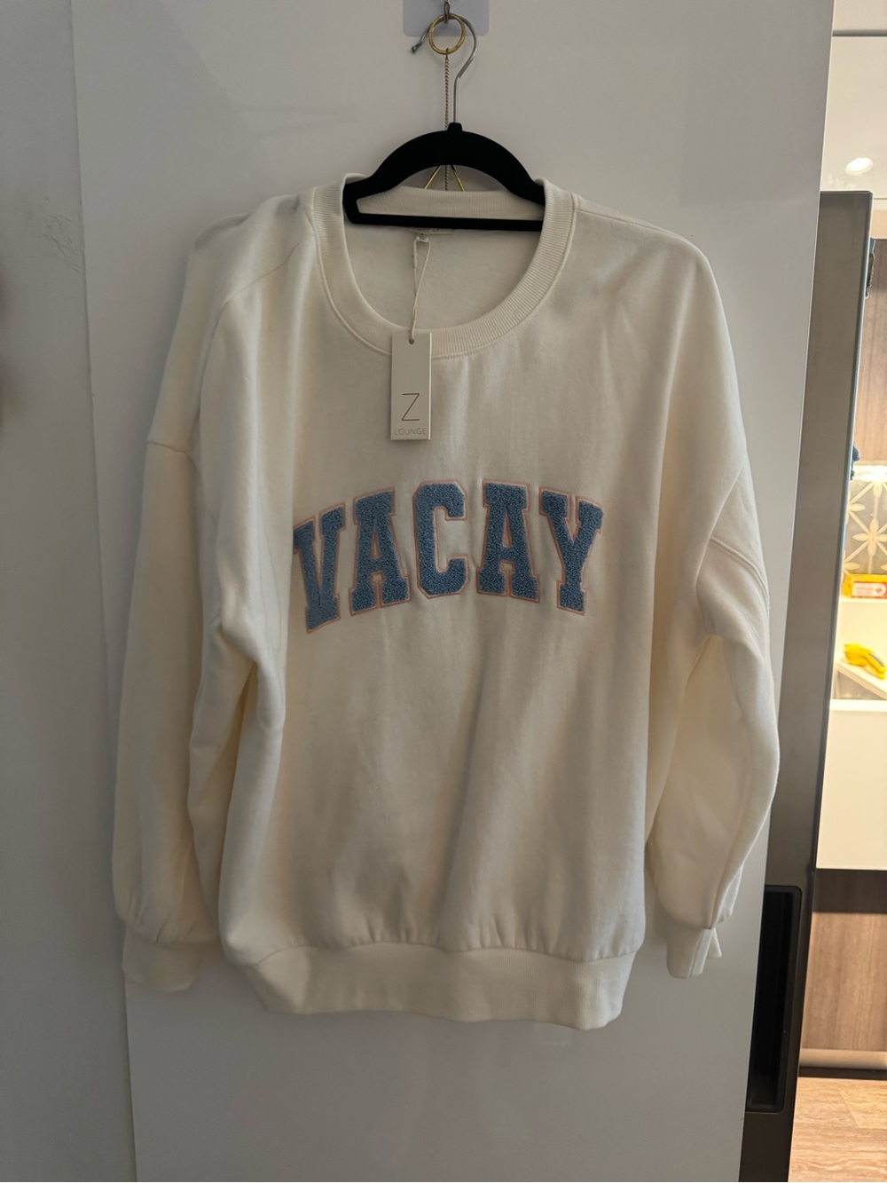 Z Supply Cream Crewneck Sweater with Blue VACAY Chenille